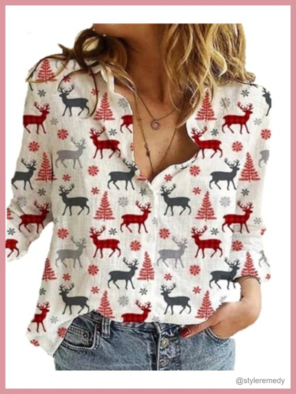 Women's Christmas Button Down Shirt V Neck Long Sleeve Polka Dot Blouse